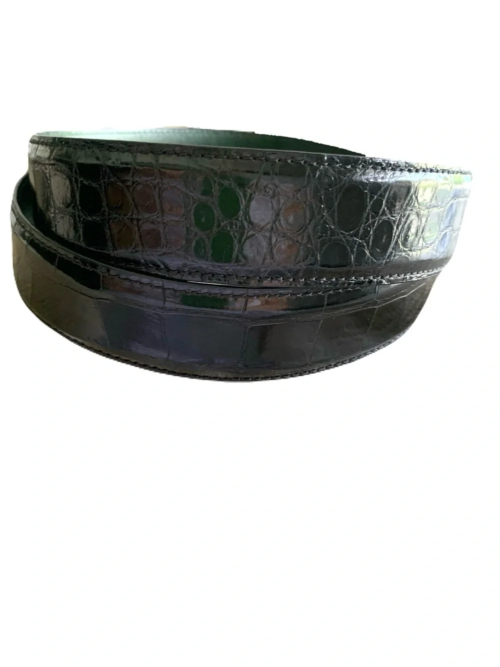 Men's Black Shiny Glazed Alligator Size 38 Leather Lined Belt Polished Buckle